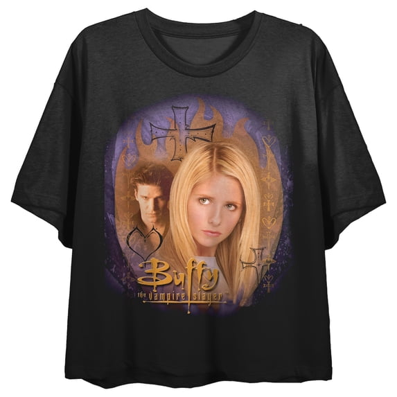 Buffy The Vampire Slayer Buffy & Angel Art Crew Neck Short Sleeve Crew Neck Women's Black Crop Top-Small