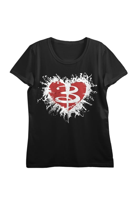 Buffy The Vampire Slayer Distressed Heart Crew Neck Short Sleeve Women's Black T-shirt-Small