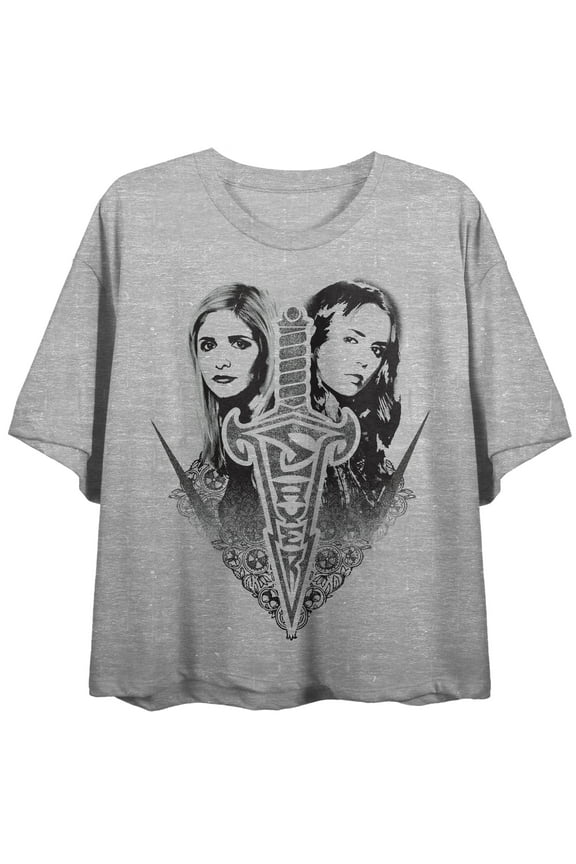 Buffy The Vampire Slayer Slayerettes Distress Art Crew Neck Short Sleeve Gray Heather Women's Crop Top-Medium