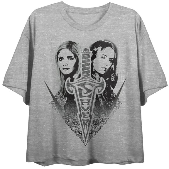 Buffy The Vampire Slayer Slayerettes Distress Art Crew Neck Short Sleeve Gray Heather Women's Crop Top-Small