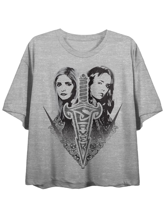 Buffy The Vampire Slayer Slayerettes Distress Art Crew Neck Short Sleeve Gray Heather Women's Crop Top-Small