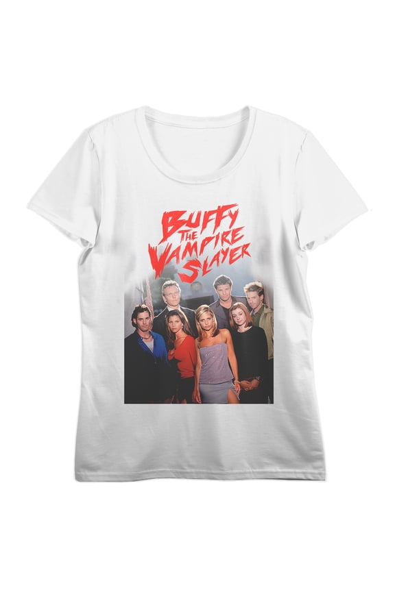 Buffy the Vampire Slayer Character Group Women's White Short Sleeve Crew Neck Tee-Large