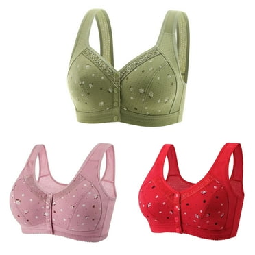 Bufgaceh 3 Pack Bras for Womens Older Daisy Print Free Wire Convenient Front Button Closure Bra No Underwire Cotton Bralette