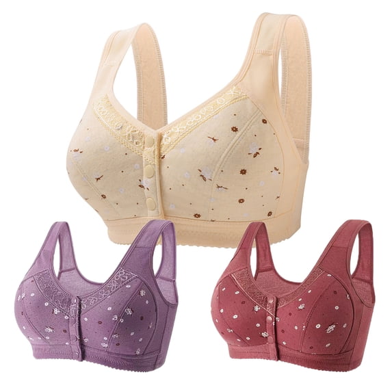 Bufgaceh 3PC Bras for Women Older, Daisy Bra for Seniors Button Front Closure Bralette Full Coverage Convenient No Underwire Brassiere