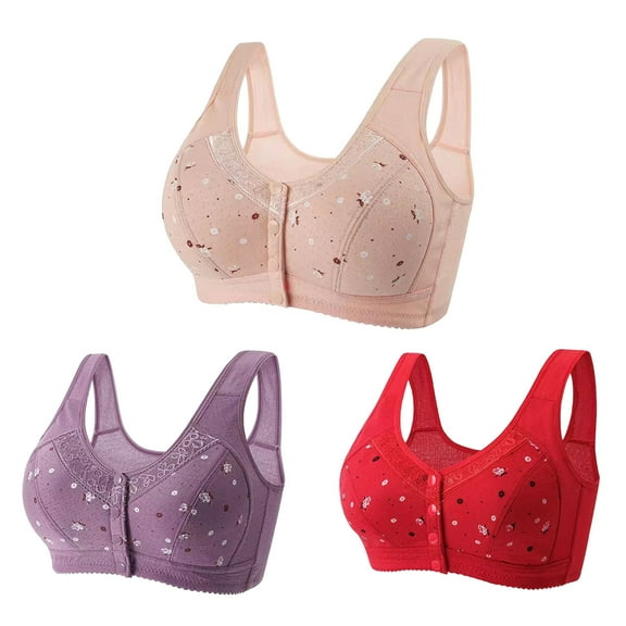 Bufgaceh 3PC Bras for Women Older, Daisy Bra for Seniors Button Front Closure Bralette Full Coverage Convenient No Underwire Brassiere
