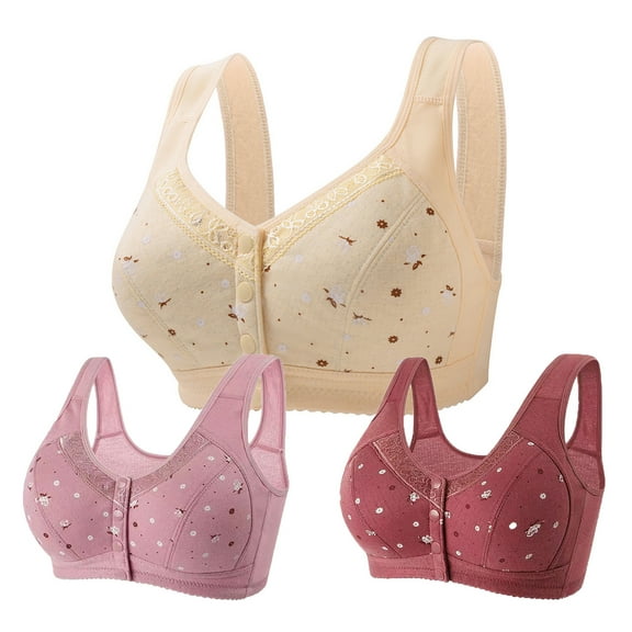 Bufgaceh 3PC Bras for Women Older, Daisy Bra for Seniors Button Front Closure Bralette Full Coverage Convenient No Underwire Brassiere