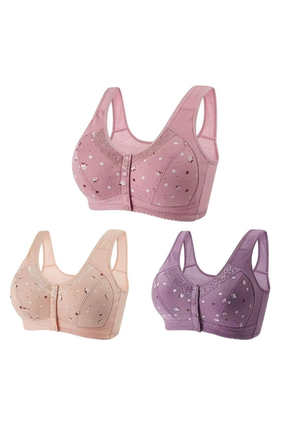 Daisy Bras for Older Womens Free Wire Convenient Front Close Button Closure Bra No Underwire Cotton Bralette 3 Pack