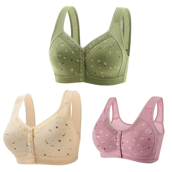 Bufgaceh 3PC Bras for Women Older, Daisy Bra for Seniors Button Front Closure Bralette Full Coverage Convenient No Underwire Brassiere