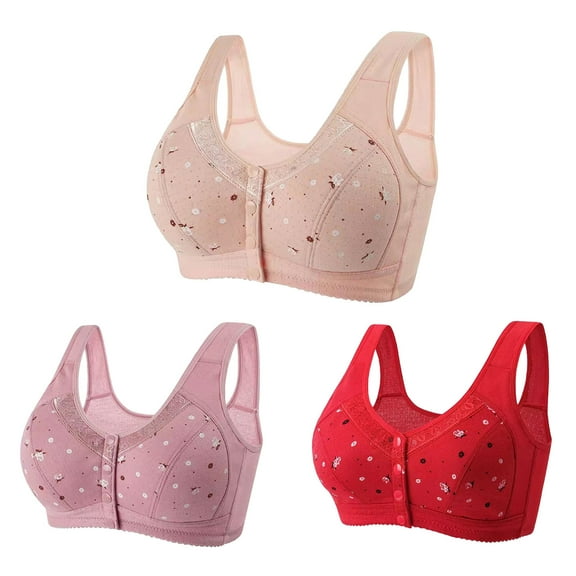 Bufgaceh 3PC Bras for Women Older, Daisy Bra for Seniors Button Front Closure Bralette Full Coverage Convenient No Underwire Brassiere