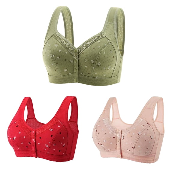 Bufgaceh 3PC Bras for Women Older, Daisy Bra for Seniors Button Front Closure Bralette Full Coverage Convenient No Underwire Brassiere