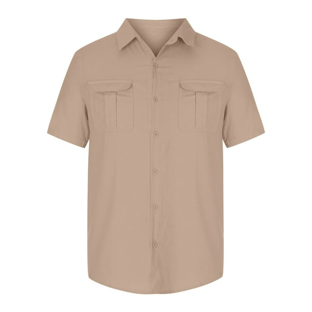Bufgaceh Mens Button Down Shirts Casual Short Sleeve Linen Chambray Shirt Cotton Lightweight Tees Spread Collar Plain Shirt