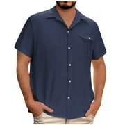 BUFGACEH Mens Button Down Shirts Casual Short Sleeve Linen Chambray Shirt Cotton Lightweight Tees Spread Collar Plain Shirt