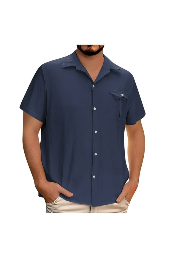Mens Button Down Shirts Casual Short Sleeve Linen Chambray Shirt Cotton Lightweight Tees Spread Collar Plain Shirt