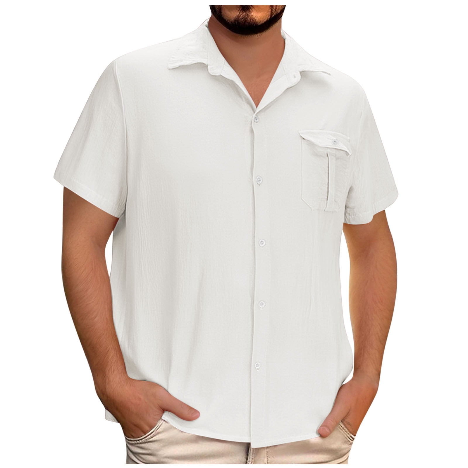 Pengfei Men's Short Sleeve Linen Cotton Shirt - Casual Button-Down Tee For Summer (Blue, Black, Beige & More) - View #11