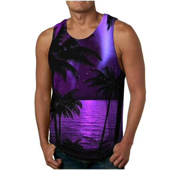 Bufgaceh Mens Sleeveless Tank Tops Casual 3D Hawaiian Graphic Tees Workout Gym Shirts Palm Tree Vintage Style T-Shirt