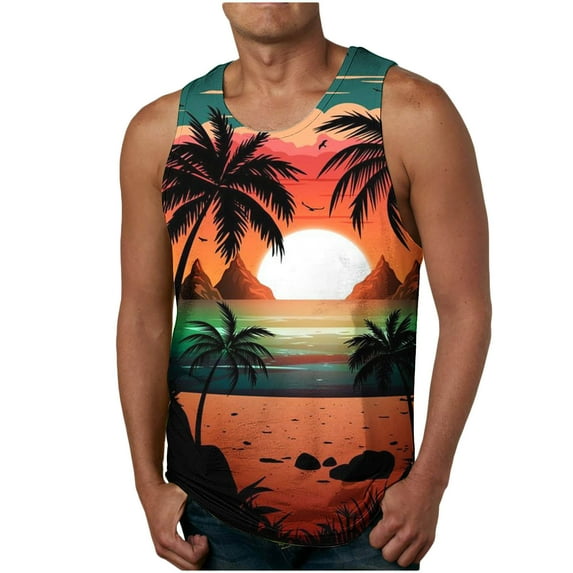 Bufgaceh Mens Sleeveless Tank Tops Casual 3D Hawaiian Graphic Tees Workout Gym Shirts Palm Tree Vintage Style T-Shirt