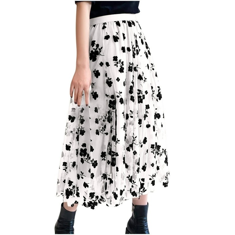 Bufgaceh Women Tulle Midi Skirts 3D Floral Embroidered Elastic