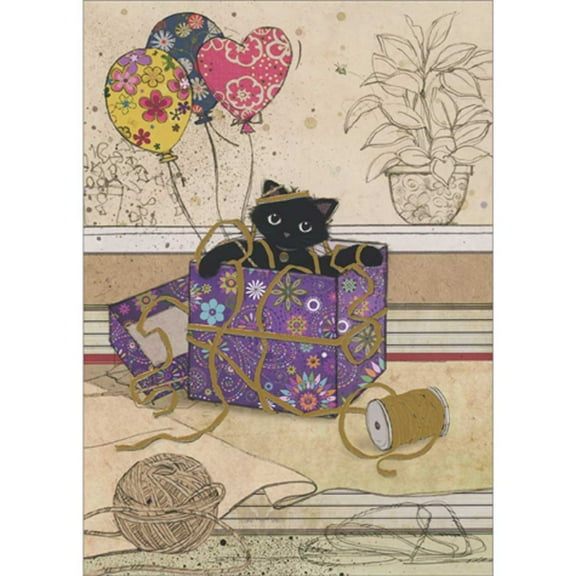 Bug Art Black Kitty Inside Purple Gift Box and Balloons Blank Note Card