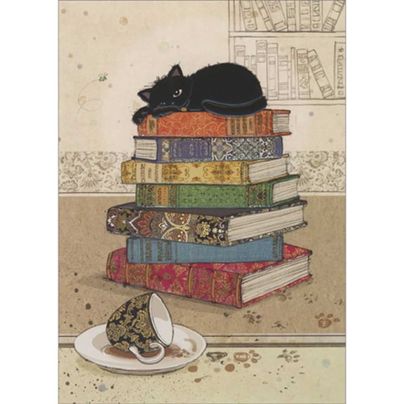 Bug Art Black Kitty on Top of Stack of Books Blank Note Card