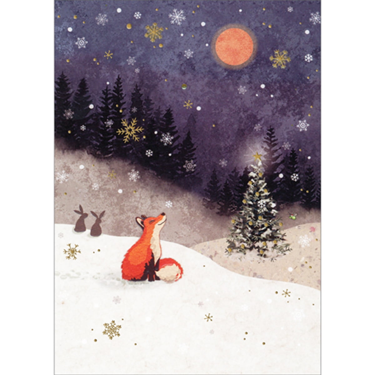 Bug Art Brown Fox and Rabbits Gazing at Moon in Snow Filled Sky Christmas Card