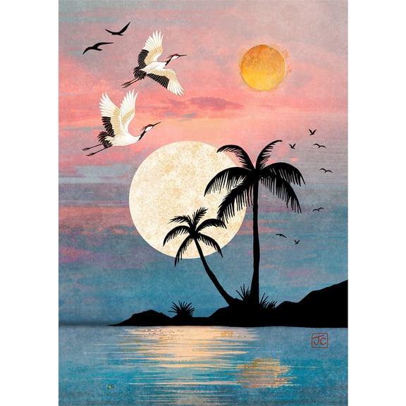 Bug Art Crane Palms: Birds Flying Over Palm Tree Silhouettes Bug Art Blank Note Card