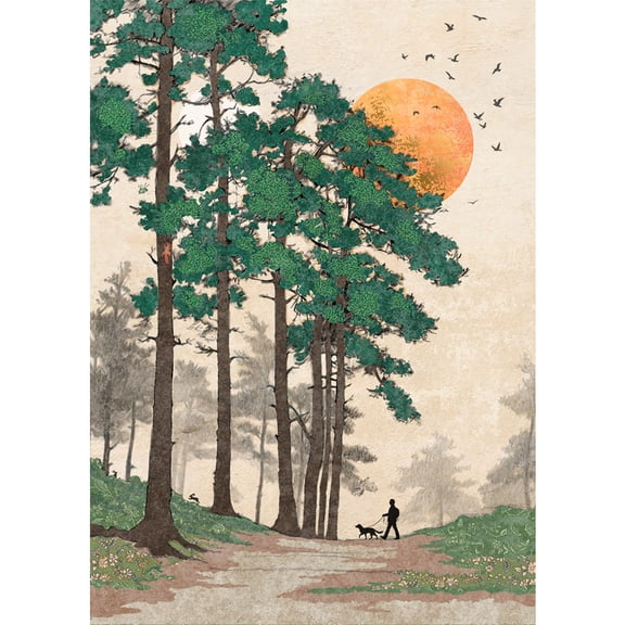 Bug Art Forest Walk: Silhouette of Hiker and Dog Under Tall Lush Trees Bug Art Blank Note Card