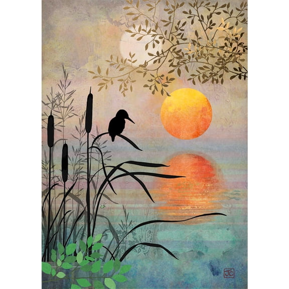 Bug Art Kingfisher: Silhouette of Bird on Cattails Under Gold Foil Branches Bug Art Blank Note Card