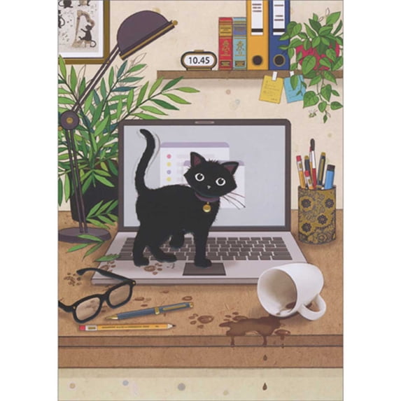 Bug Art Laptop Kitty: Black Kitten and Spilled Coffee Cup Blank Note Card