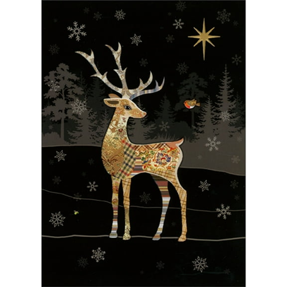 Bug Art Reindeer with Patterned Fur and Small Robin Under Gold Star Christmas Card