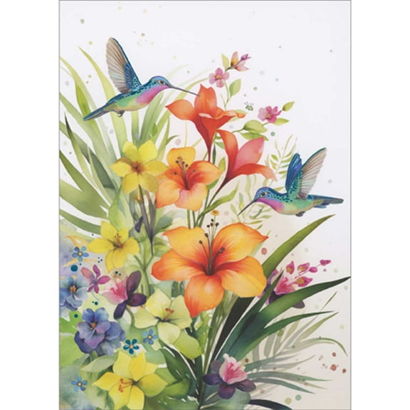Bug Art Shimmering Blue and Pink Hummingbirds Over Lilies Blank Note Card