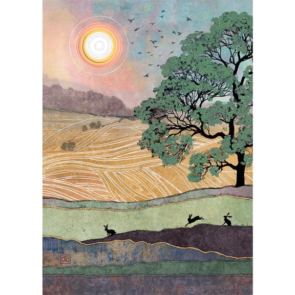 Bug Art Three Hares: Rabbit Silhouettes Under Bright Sun and Lush Tree Bug Art Blank Note Card