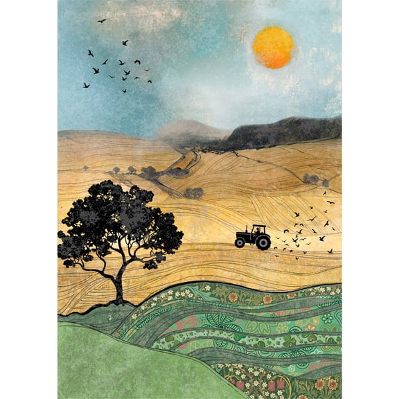 Bug Art Tractor Field: Black Tractor Silhouette on Golden Hills Bug Art Blank Note Card