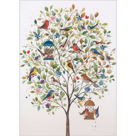 Bug Art Tree Full of Small Colorful Birds and Blue Bird Feeder Blank Note Card