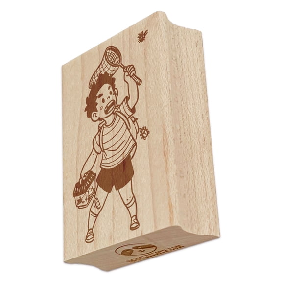 Bug Catcher Boy with Net Rectangle Rubber Stamp Stamping Scrapbooking Crafting - Small 1.7in