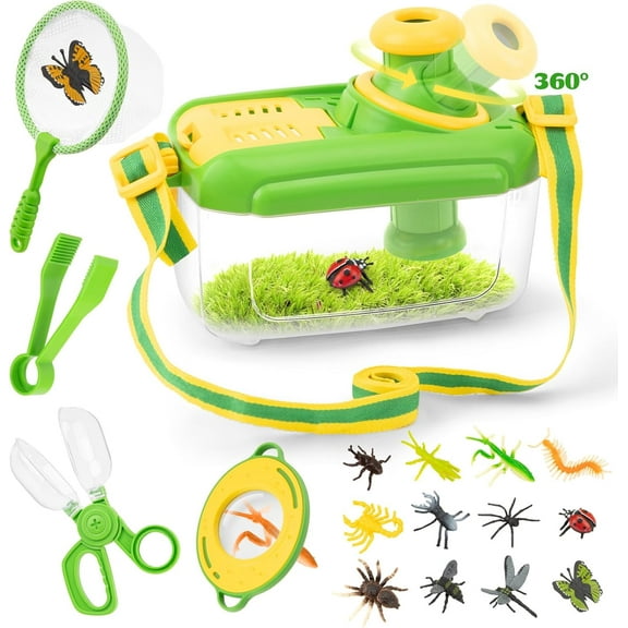 Bug Catcher Kit for Kids, 360 Rotating Magnifying Glass, Kids' Bug Collector with Butterfly Net Tweezer, Nature Adventure Set, Habitat Explorer Kit for Ages 3-8