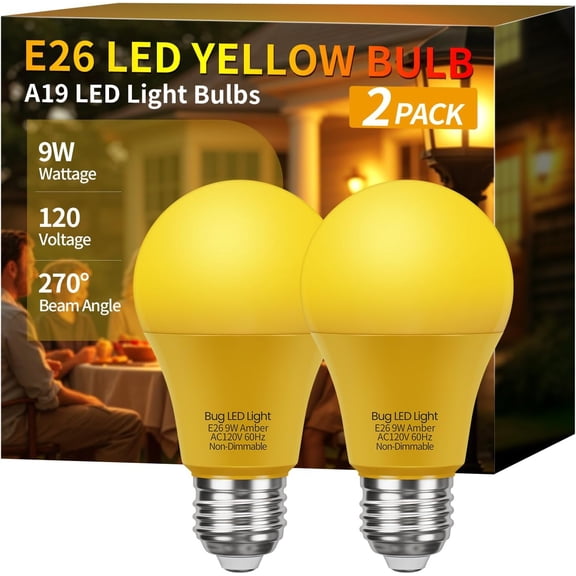 Bug Light Bulbs, Yellow Bug Lights for Outside, A19 9W Equivalent 60W, 2000K Amber Porch Light Bulb, E26 Base, Not-Dimmable, Perfect for Patio, Deck, Backyard, 2 Pack