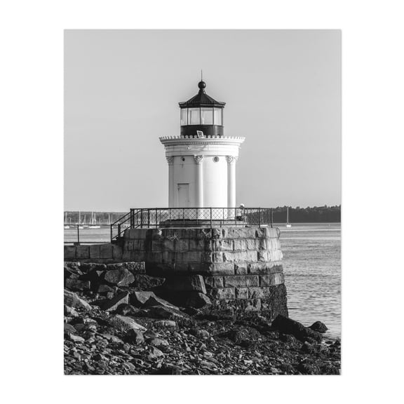 Bug Light, Portland B&W - South Portland Maine Photography Lighthouse Black and White Coastal Harbor Ocean Architecture Scenic Unframed Wall Art Print 24 x 30 inches