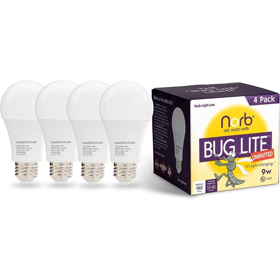 Bug Lite - Bug-Reducing LED Light Bulb, Anti-Bug Outdoor Amber Light for Patio, Porch & Camping, E26 Base, A19, 9W, Energy-Efficient, Superior Technology Than Insect-Repellent, Bug-Free (4-Pack)