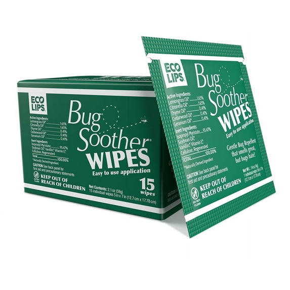 Bug Soother Natural Insect Repellent Wipes, Disposable Single-Use, DEET-Free, 15-Count