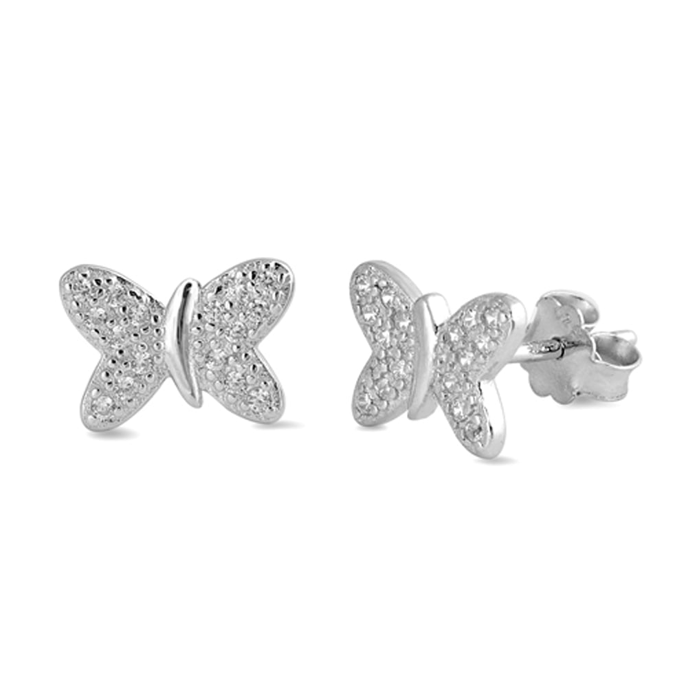 Bug Studded Butterfly Wing Clear Cubic Zirconia .925 Sterling Silver Earrings Jewelry Female Unisex