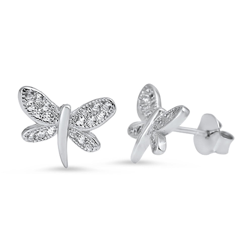Bug Studded Dragonfly Clear Cubic Zirconia .925 Sterling Silver Earrings Jewelry Female Unisex