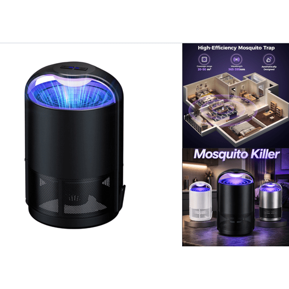 Bug Zapper Indoor With Sticky Boards, Black Electric Flying Insect Trap Lamp For Modern Home Spaces, Quiet Plug In Design