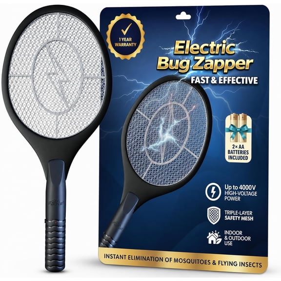 Bug Zapper Racket, Electric Fly Swatter for Mosquitoes, Flies, and Flying Insects, 18 Inch Handheld Battery Powered Fly Zapper for Indoor Outdoor Use, 2 AA Batteries Included, Black