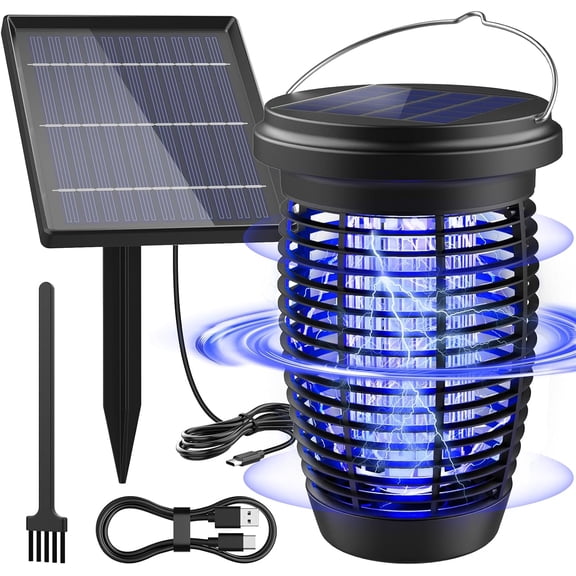 Bug Zapper Soalr for Outdoor, 4500V Mosquito Killer Lamp with Ground Pole Type-C Rechargeable Insect Patio, Porch, Camping
