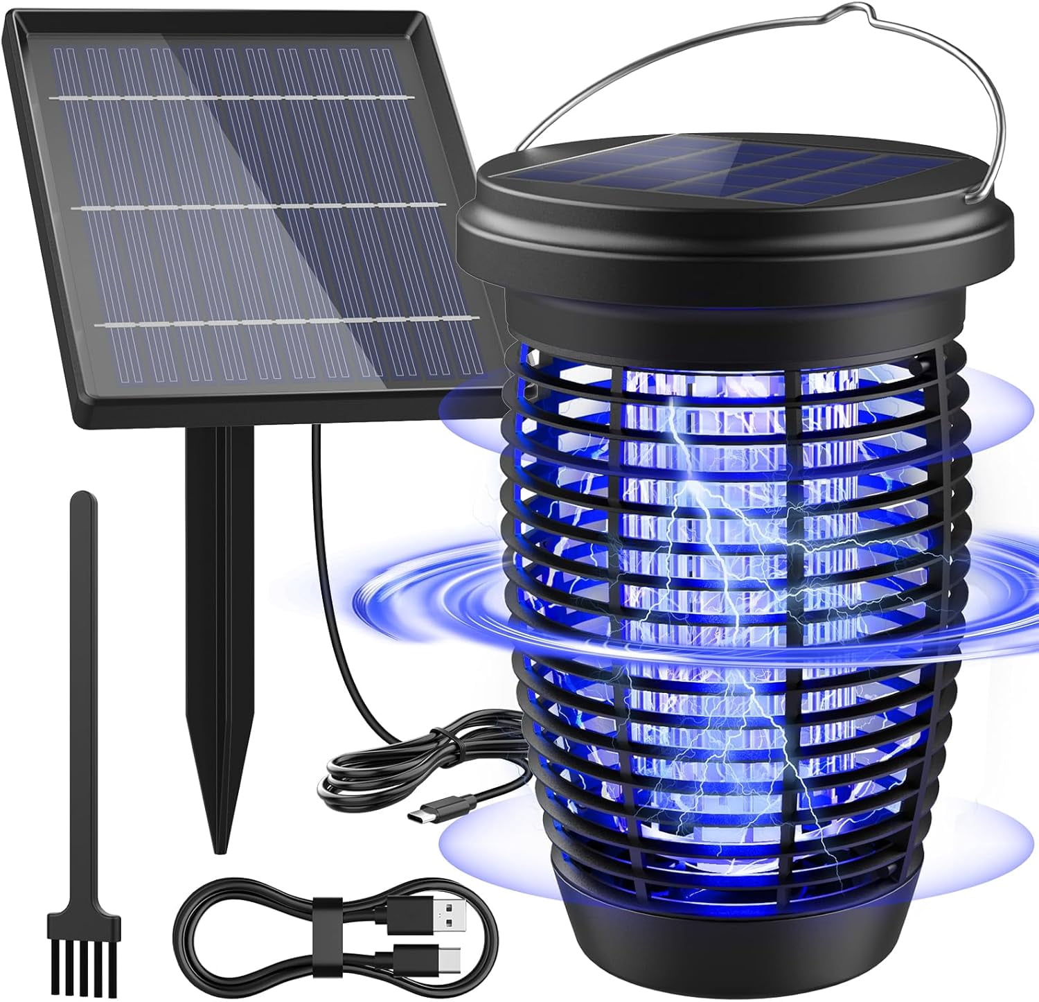 Bug Zapper Soalr for Outdoor, 4500V Mosquito Killer Lamp with Ground Pole Type-C Rechargeable Insect Zapper for Patio, Porch, Camping