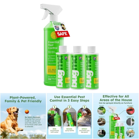 BugMD Essential Pest Spray Concentrate - Plant-Powered Insect & Pest Repellent for Home, Safe with Essential Oils, 32 oz Ready-Mix, Small Size