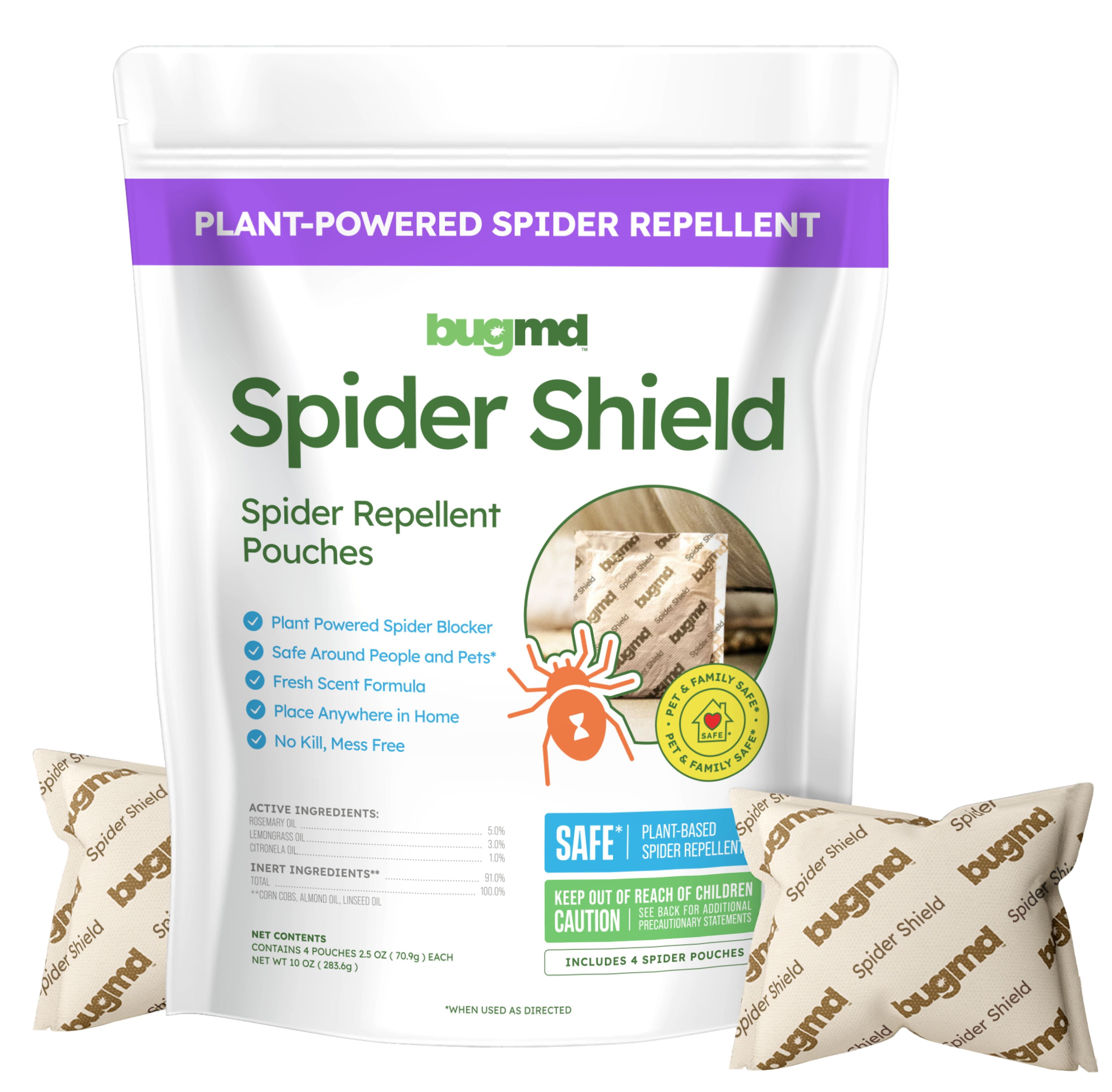 BugMD Spider Shield Repellent Pouches | Plant-Based Indoor & Outdoor Spider Repellent | Safe for Pets & Family | Natural Citronella, Rosemary & Lemongrass Oils | Long-Lasting Spider Protection