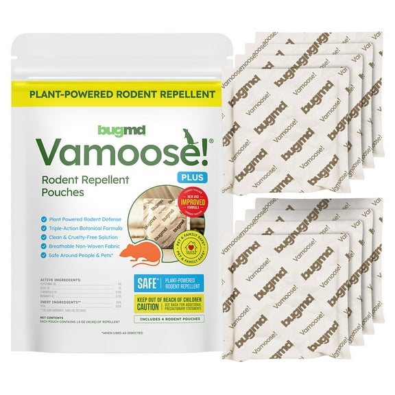 BugMD Vamoose! Plus Peppermint Oil Mouse Repellent Pouches | Natural Mice Repellent Indoor & Rat Deterrent for House, Garage, RV, Car & Storage | Plant-Powered Rodent Control - 2 Pack
