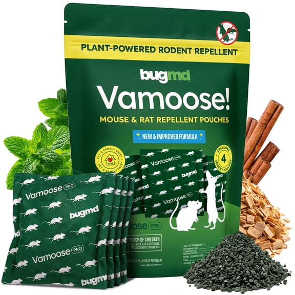BugMD Vamoose! Pro Mouse and Rat Repellent Pouches, Mineral Pumice No Corn or Grain Fill, Nothing for Mice to Eat - Rodent Deterrent for Car Engine, RV, Garage, Attic, Pantry - 4 Pouches