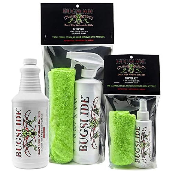 BugSlide Saver Pack, 4 oz Travel Kit with Microfiber Cloth, 16 oz Spray Kit with Microfiber Cloth, 32 oz Refill Bottle, Waterless Detailer, Cleans all Surfaces and Vehicles without Scratching